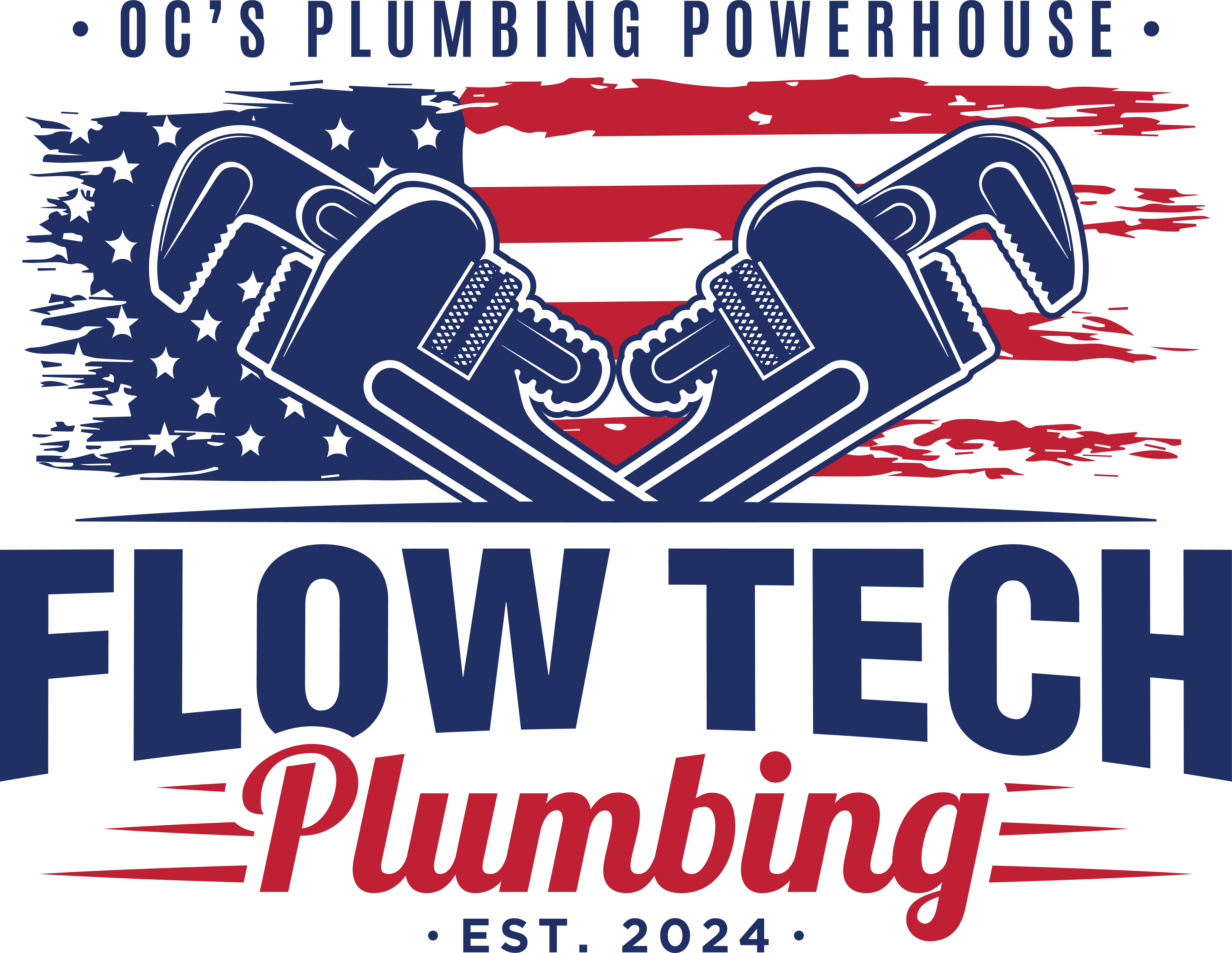 Flow Tech Plumbing Logo of two crossed Pipe Wrenches above American flag